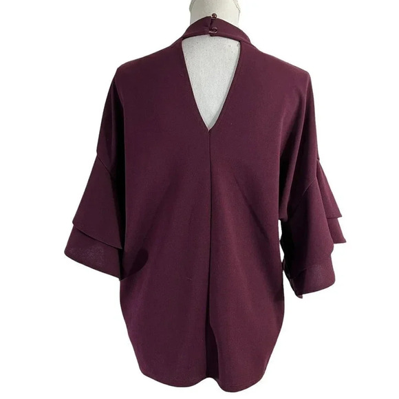 Blue Rain Burgundy Blouse Keyhole Neckline Flared Layered Ruffle Sleeves Large - Picture 3 of 9